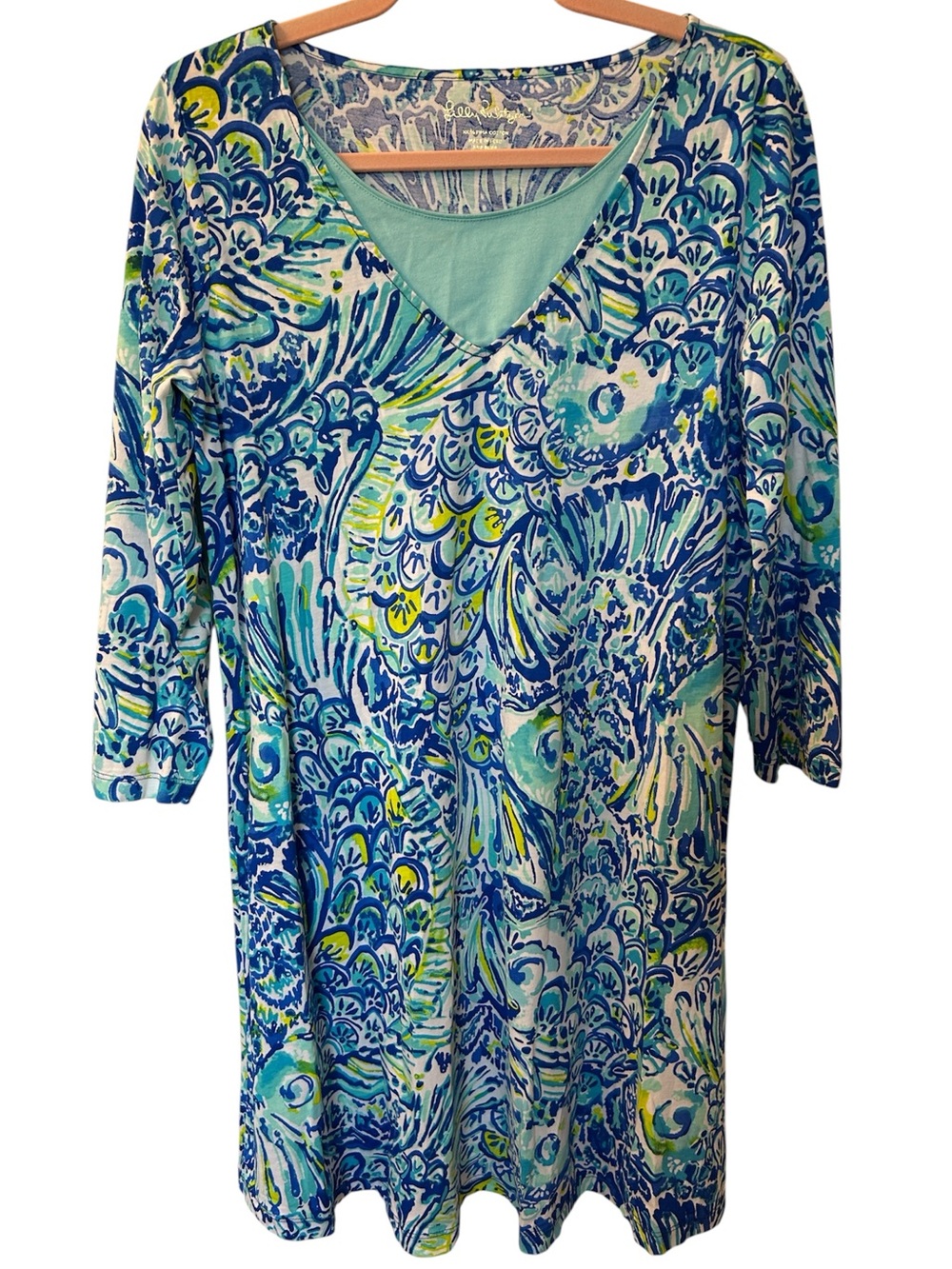 Lilly Pulitzer Dress Aqua Navy yellow summer print 100% cotton size medium
